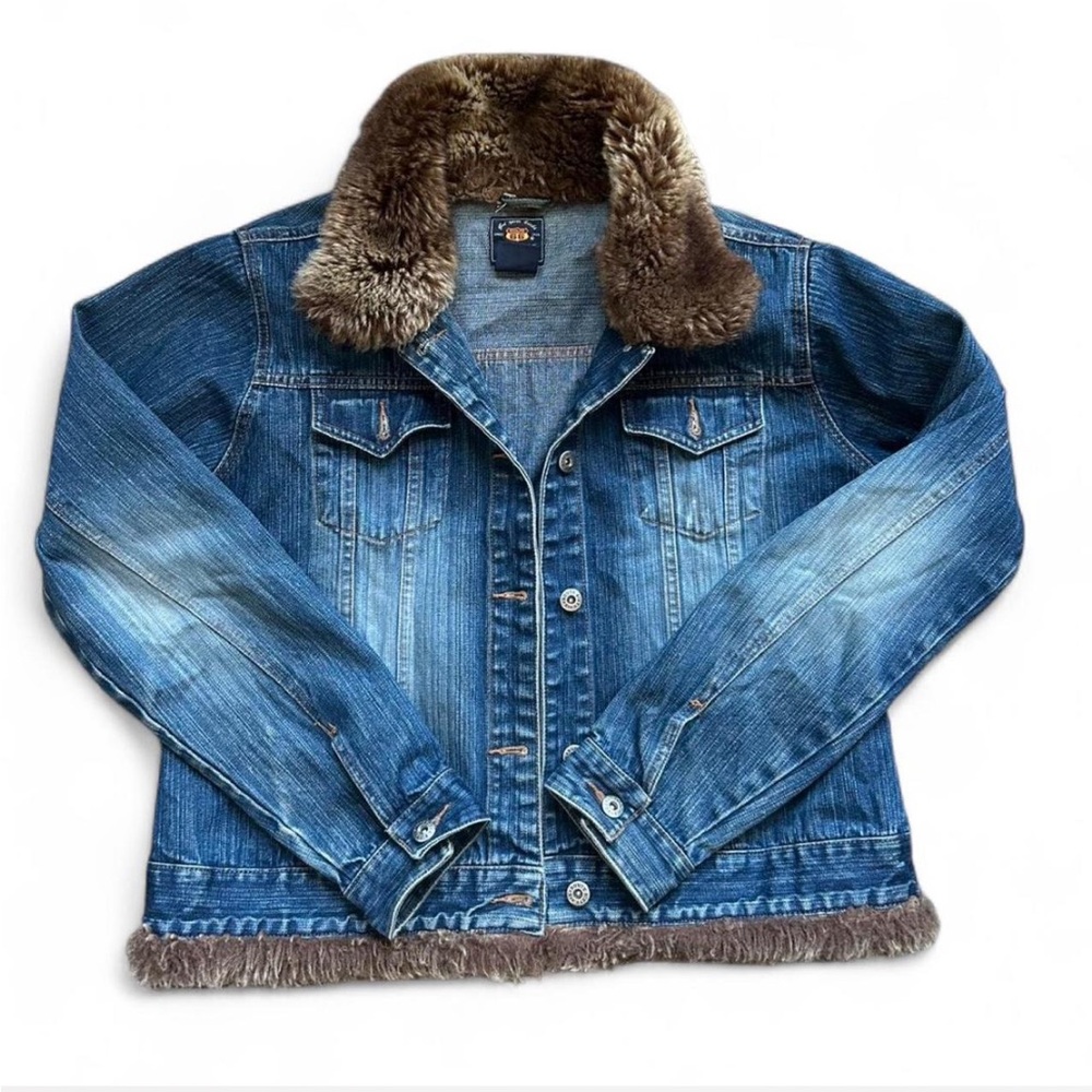 Route 66 Blue Jean Jacket with Brown Fur Trim